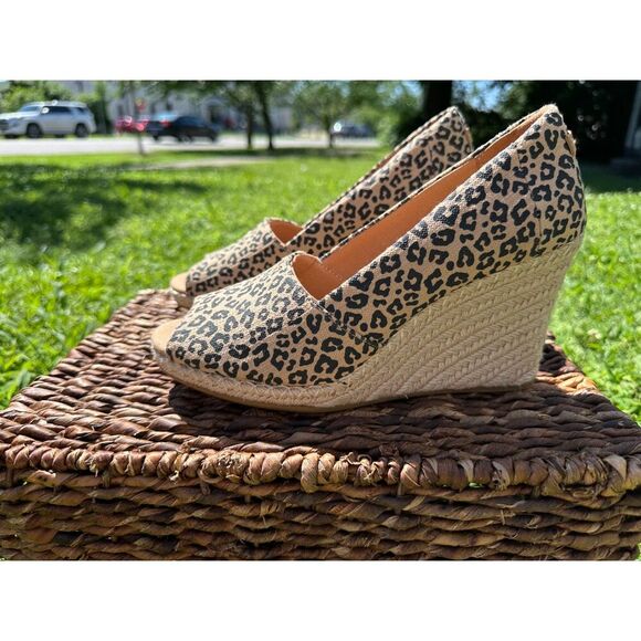 Toms Peep Toe Wedge Sandal Natural Textured Small Leopard Print Size 10 - Picture 4 of 8
